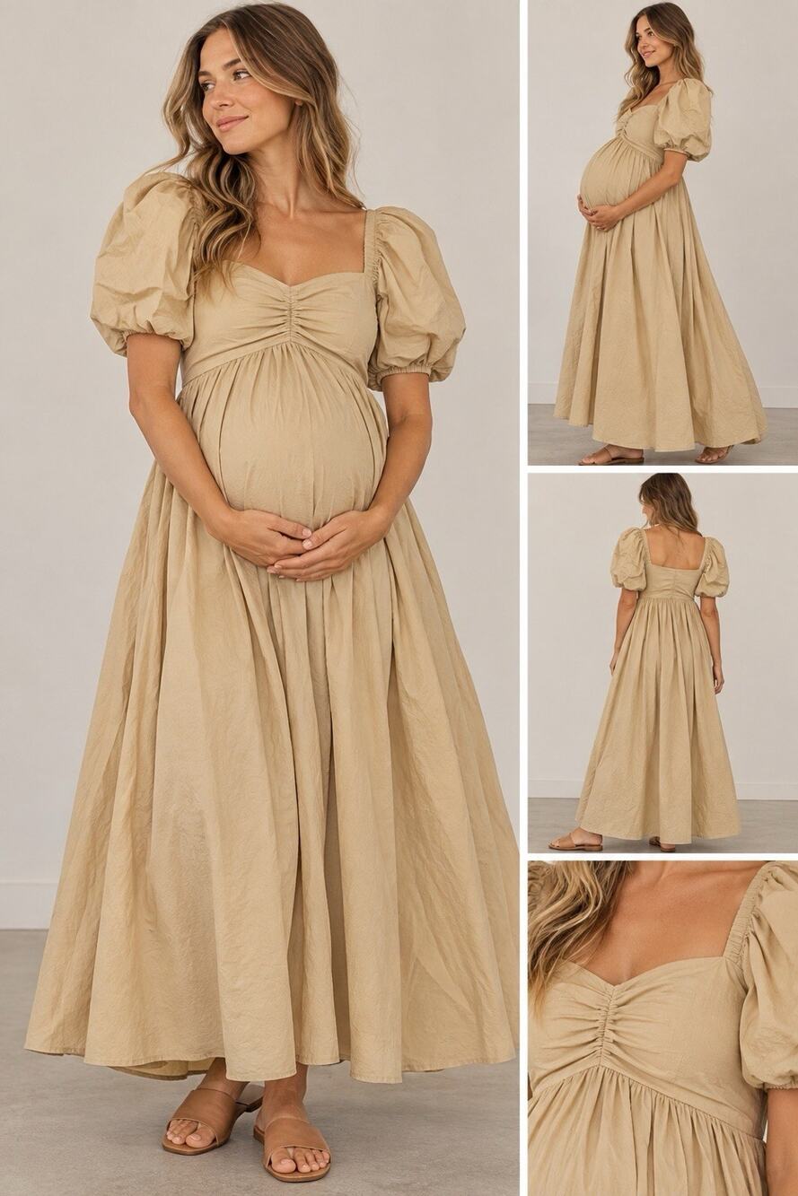 NWT LIV Maternity Poplin Puff Sleeve Dress Size L Tan CC